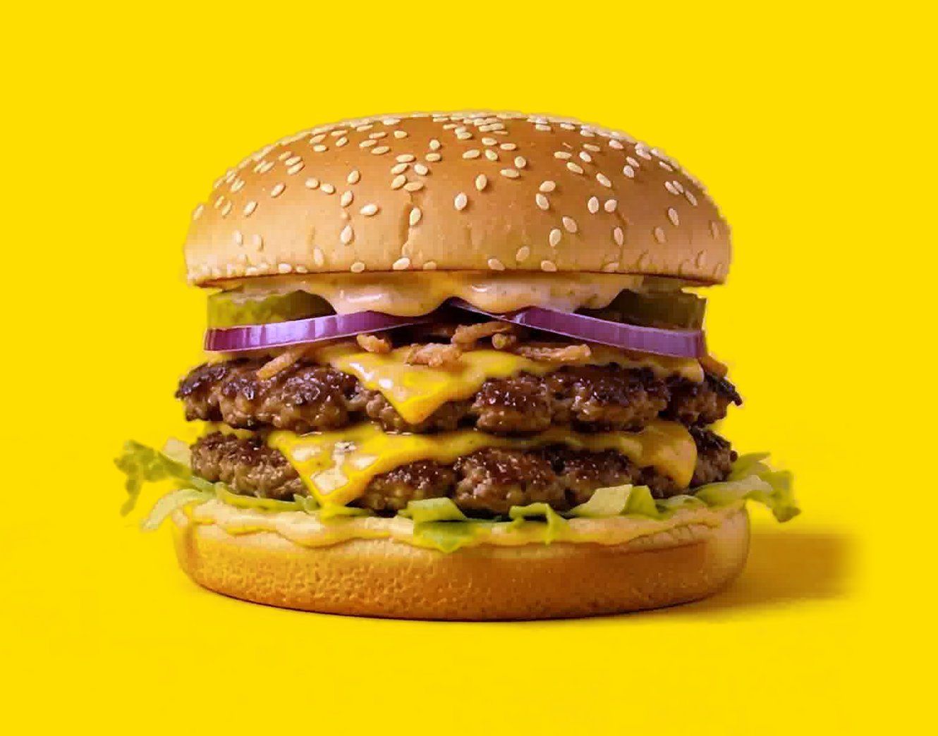 Bunchies double smash burger with cheese, pickles, red onion and lettuce