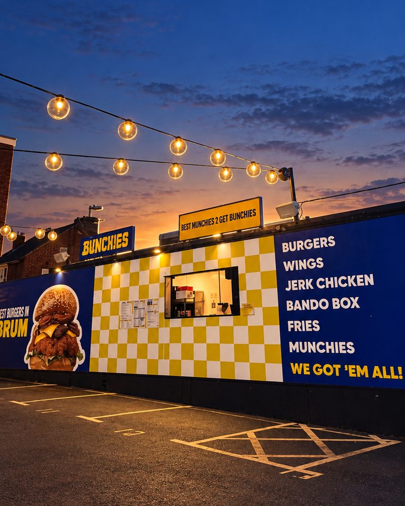 The Bunchies shopfront in Birmingham at sunset, under festoon lights